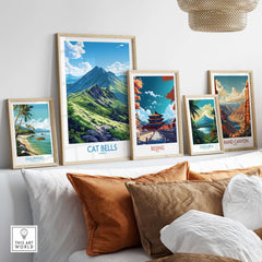Cat Bells Art Print - Lake District displayed among framed travel posters in a stylish living room setting.