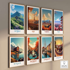 Cat Bells Art Print - Lake District and other city art prints displayed on a wall.