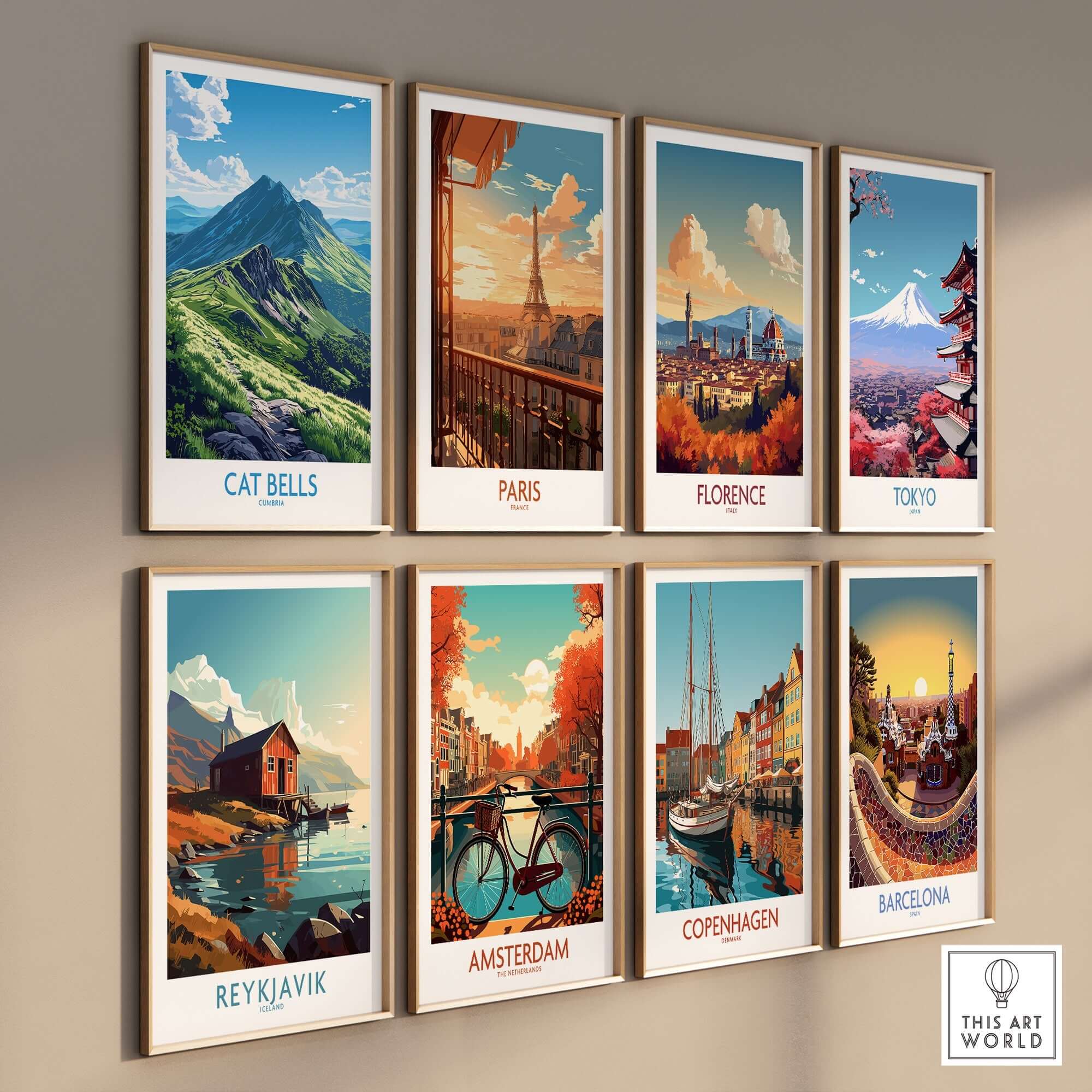 Cat Bells Art Print - Lake District and other city art prints displayed on a wall.