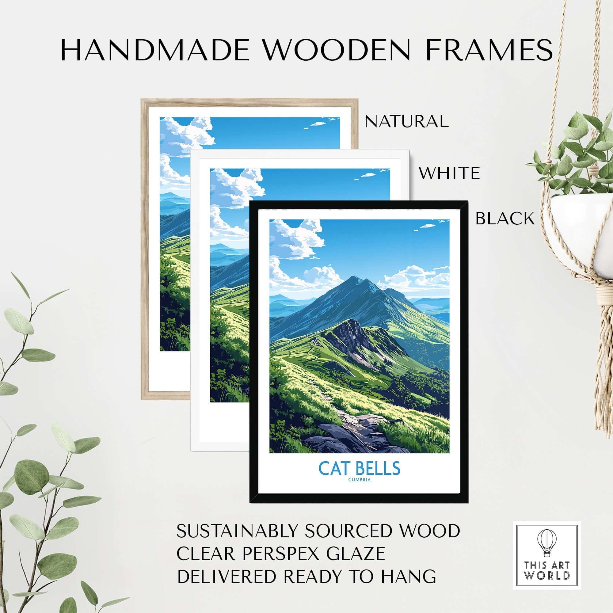 Cat Bells Art Print - Lake District displayed in handmade wooden frames in natural, white, and black finishes.