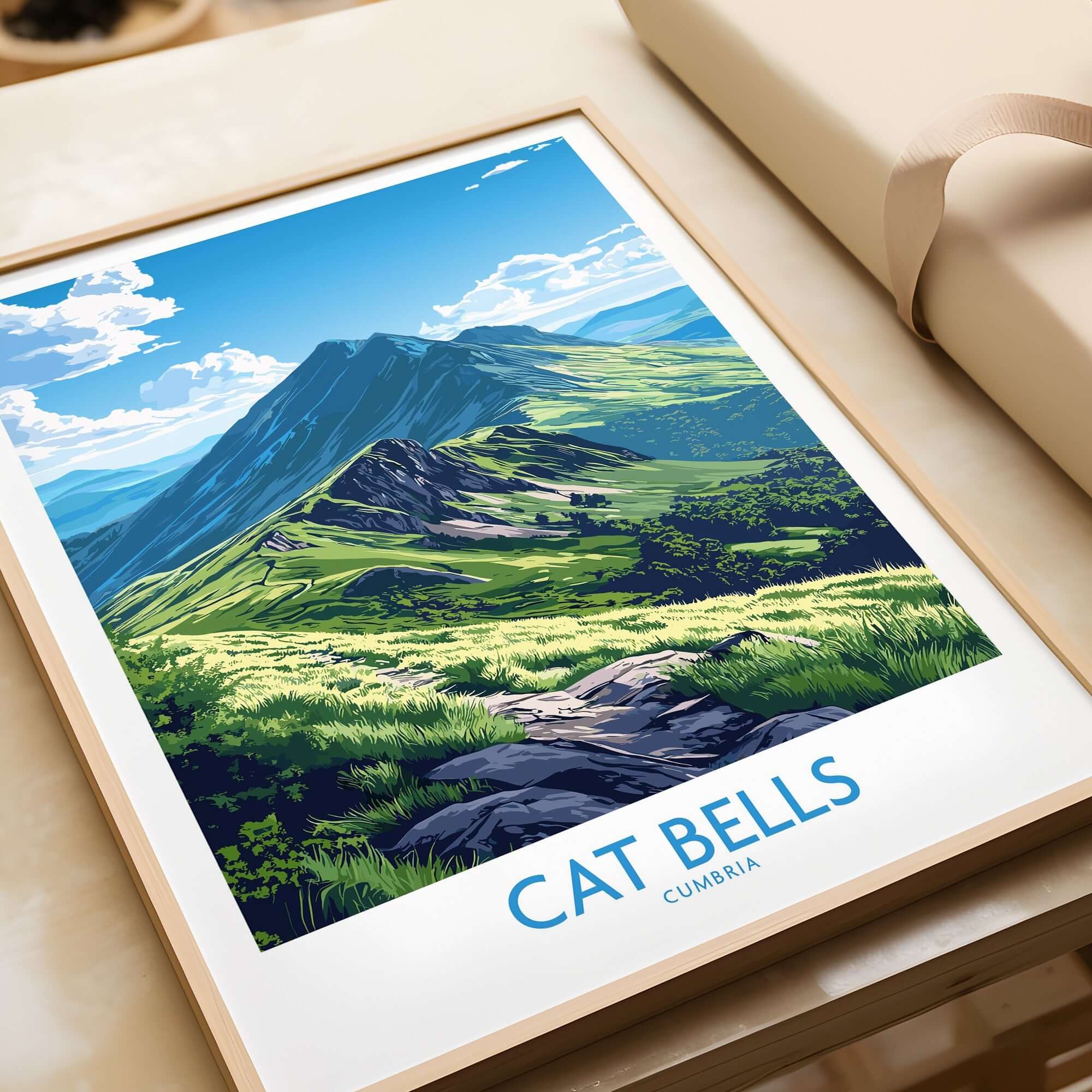 Cat Bells Art Print - Lake District showcasing stunning mountain view in a stylish frame, perfect for home decor.