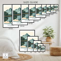 Size guide for Cat Bells Poster Lake District in various frame sizes, showcasing the serene mountain landscape.