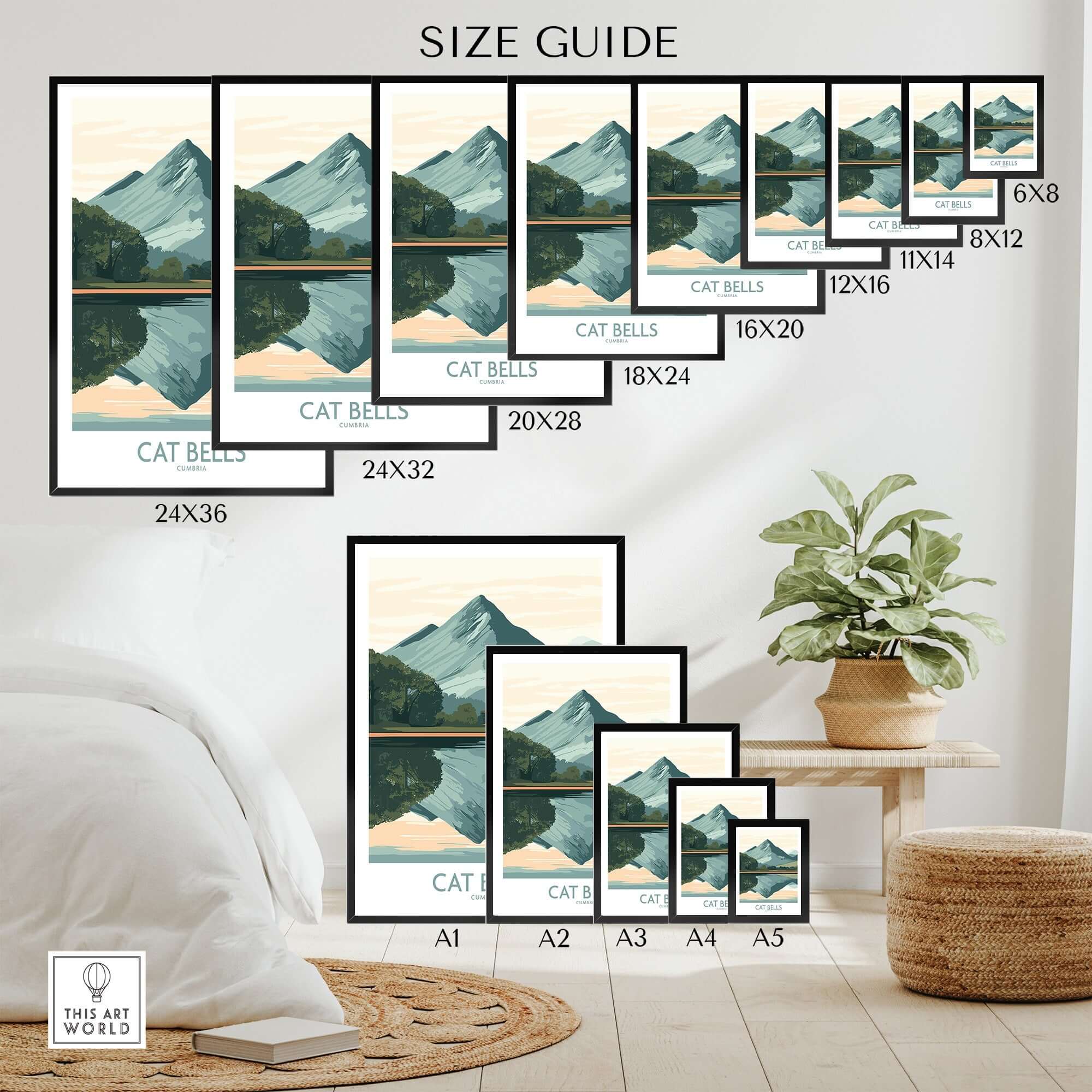 Size guide for Cat Bells Poster Lake District in various frame sizes, showcasing the serene mountain landscape.