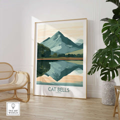 Cat Bells Poster Lake District featuring a mountain reflection in a serene setting.