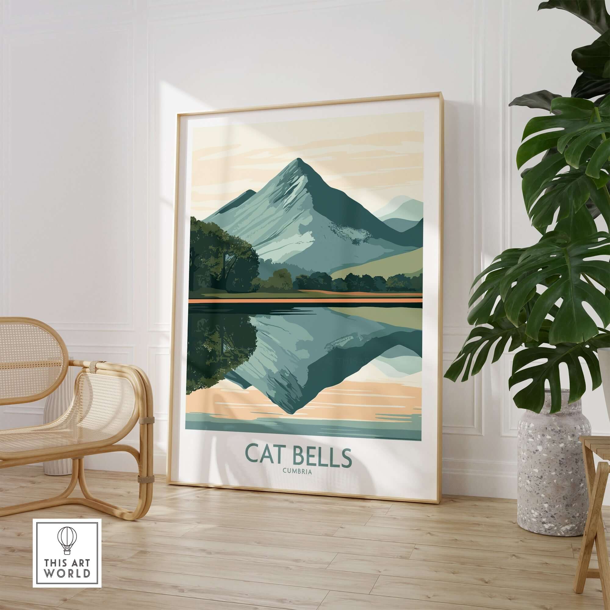 Cat Bells Poster Lake District featuring a mountain reflection in a serene setting.