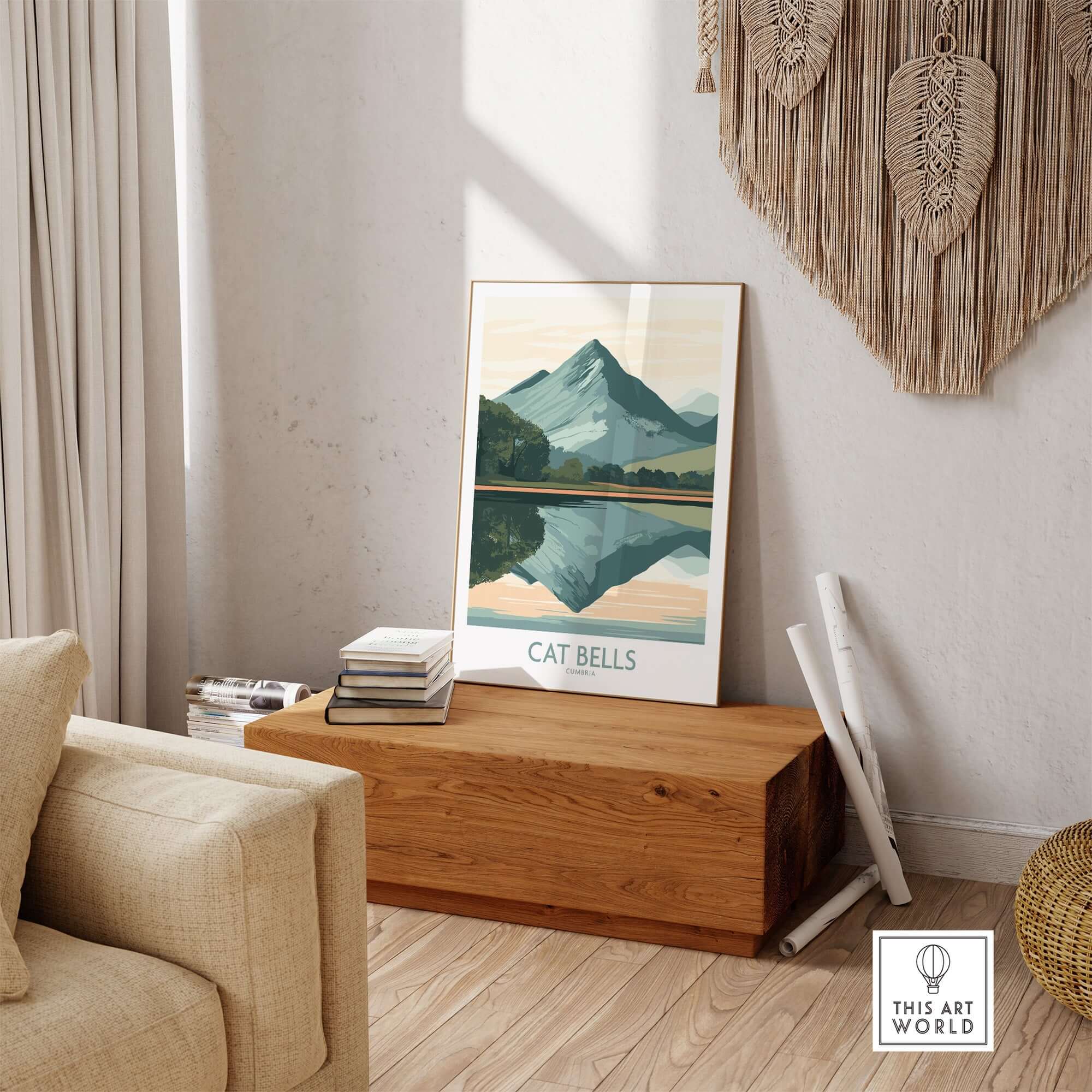 Cat Bells Poster Lake District displayed in a cozy living room setting, showcasing serene mountain reflections.