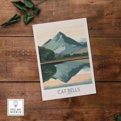 Cat Bells Poster Lake District featuring mountains reflected in a serene lake, perfect for nature lovers.