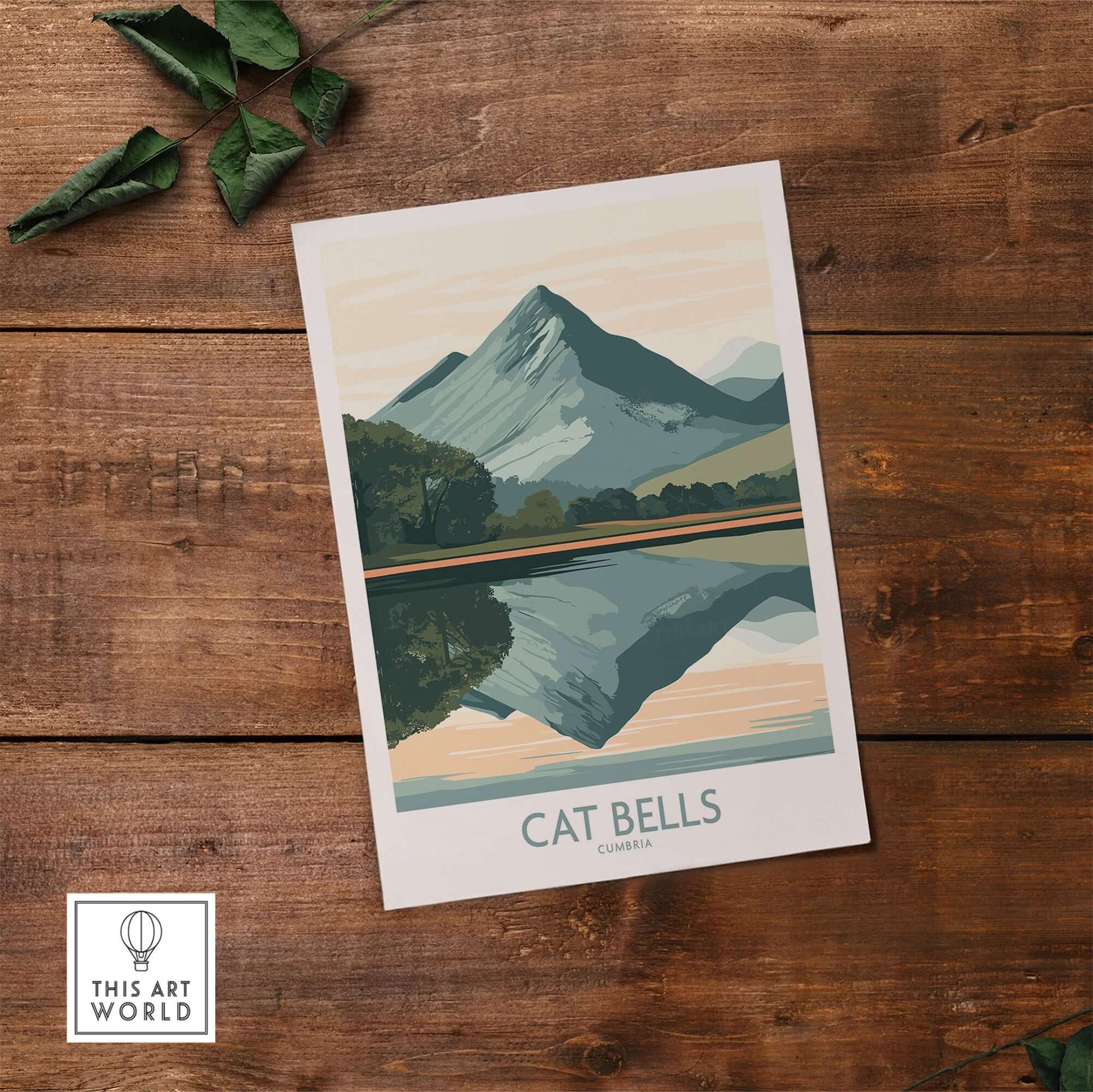 Cat Bells Poster Lake District featuring mountains reflected in a serene lake, perfect for nature lovers.