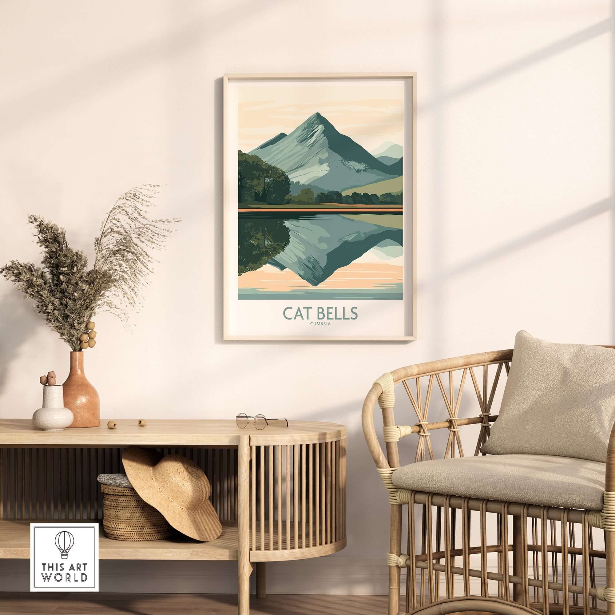 Cat Bells Poster Lake District framed in a cozy living room setting with natural decor.