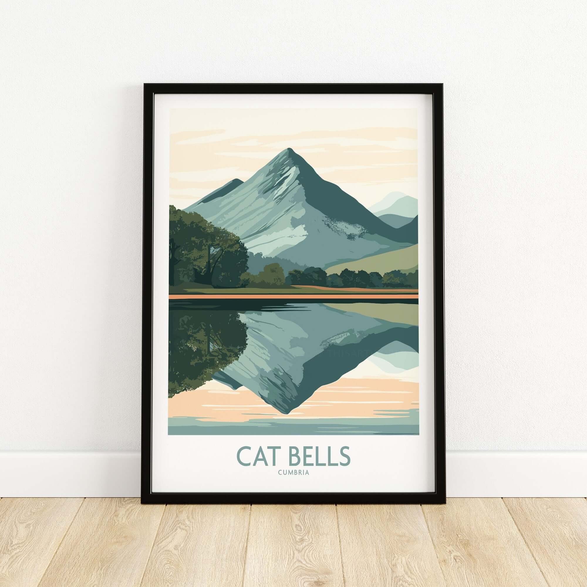 Cat Bells Poster Lake District framed artwork featuring the iconic Cat Bells mountain reflection.