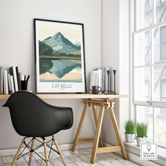 Cat Bells Poster Lake District displayed in a modern interior setting with a stylish desk and chair.