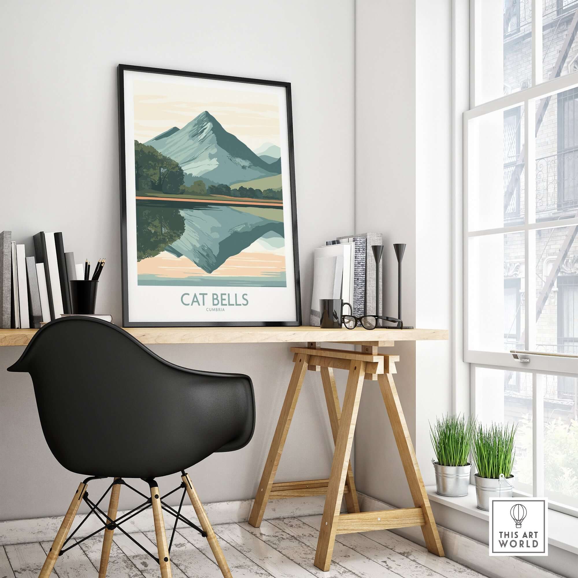 Cat Bells Poster Lake District displayed in a modern interior setting with a stylish desk and chair.