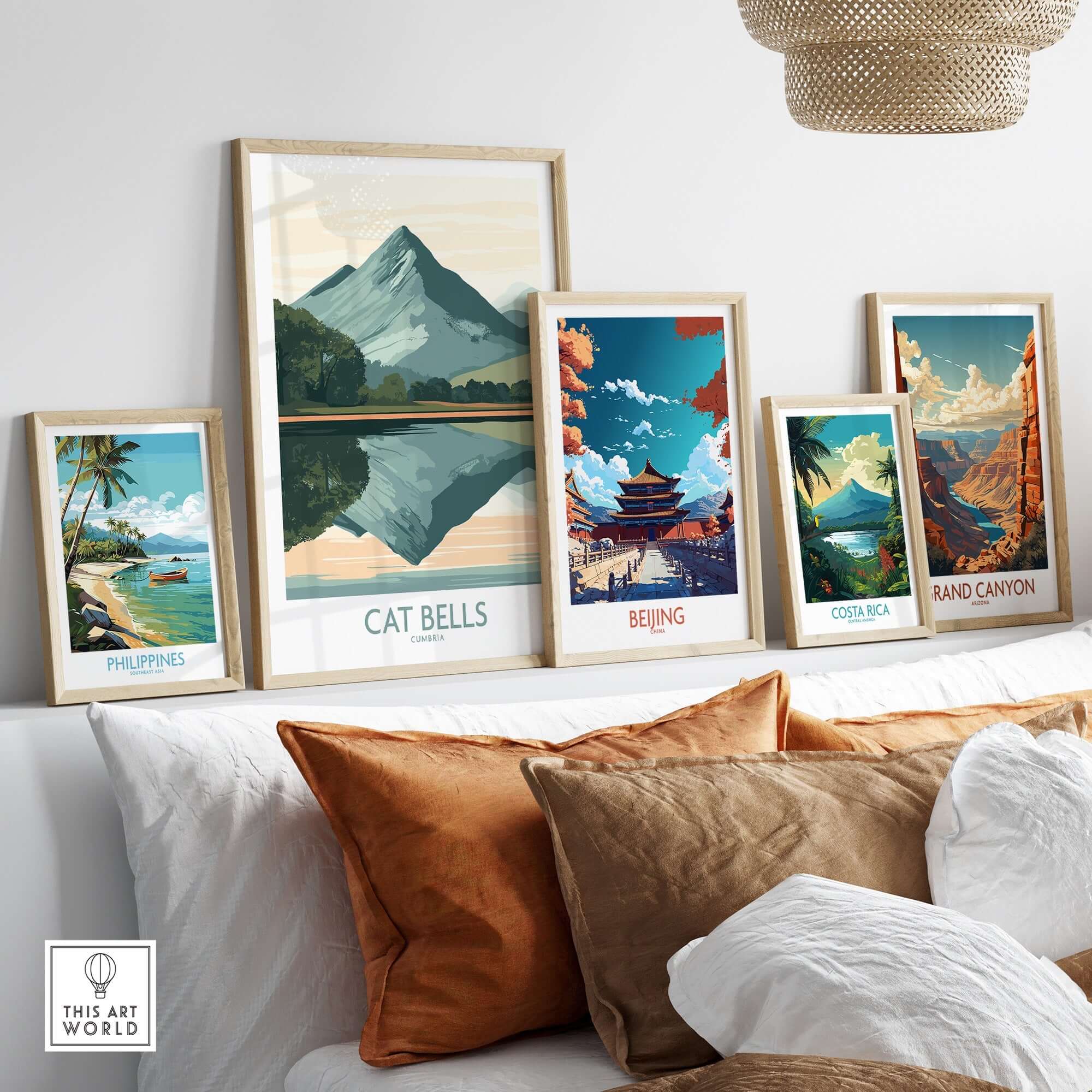 Cat Bells Poster Lake District displayed among travel posters in a stylish interior setting.