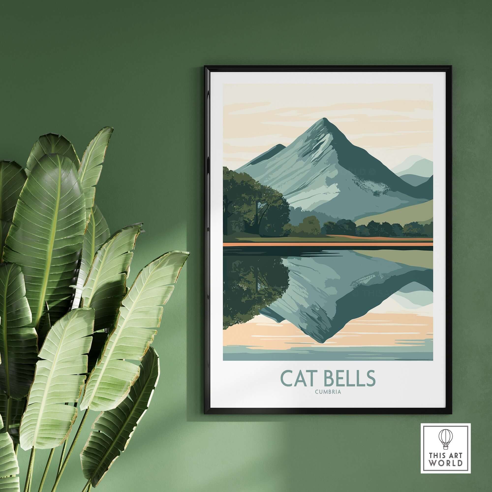 Cat Bells Poster Lake District framed artwork depicting a serene mountain view with reflection, perfect for nature lovers.