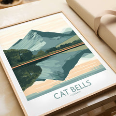 Cat Bells Poster Lake District featuring a minimalist design of the iconic mountain and its reflection on the water.