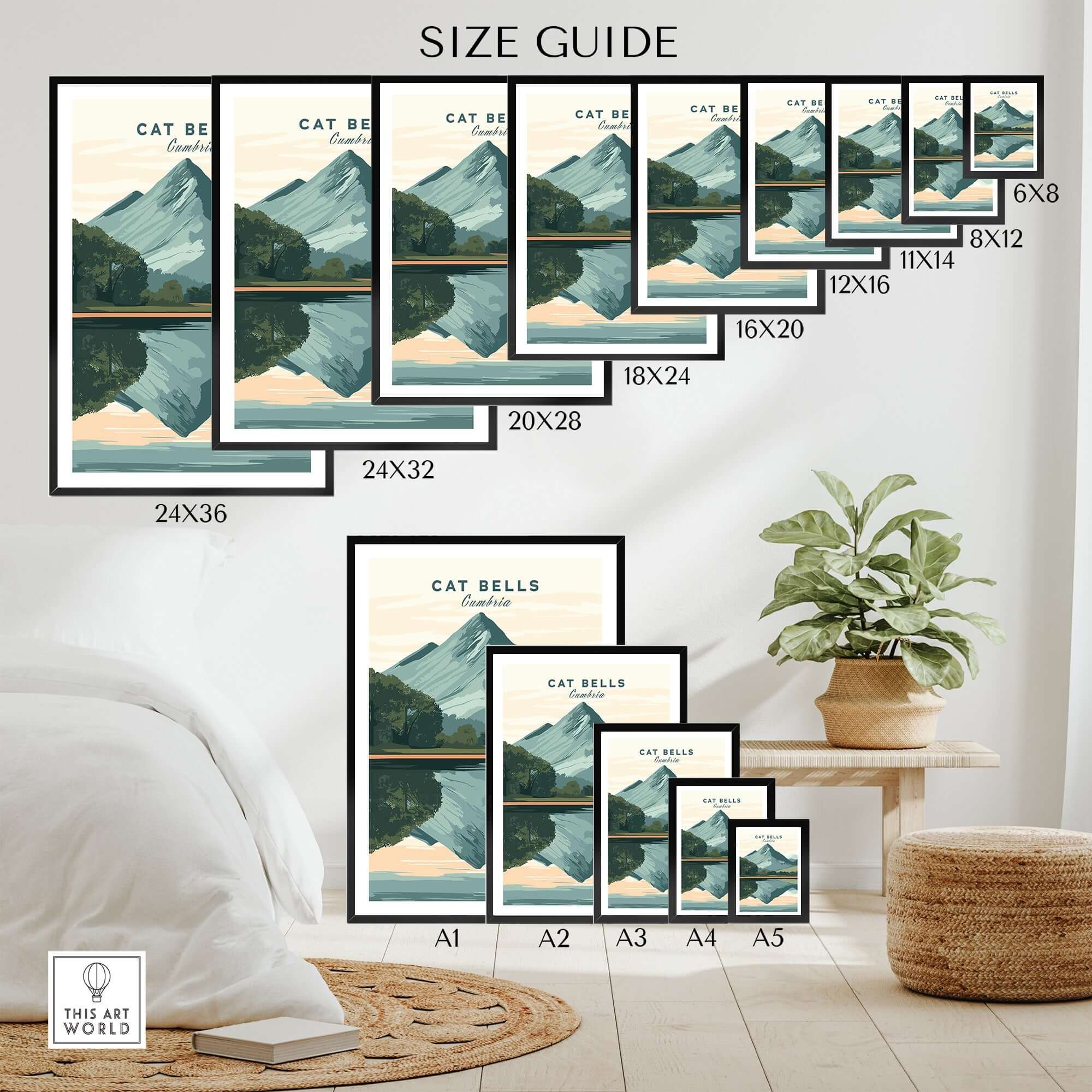 Cat Bells Print Lake District size guide showcasing available print dimensions and framed display options.
