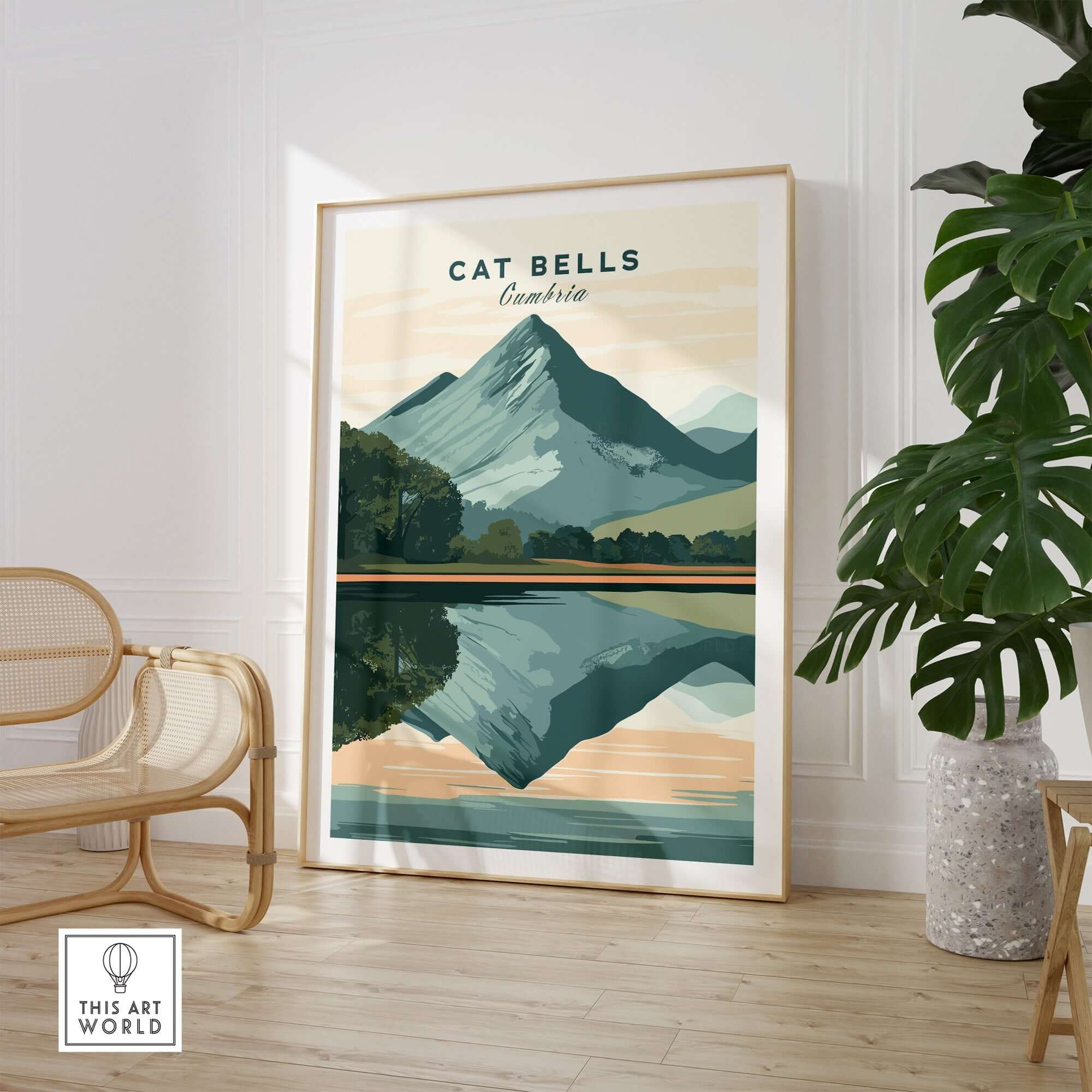 Cat Bells Print Lake District artwork displayed in a modern home interior with plants.