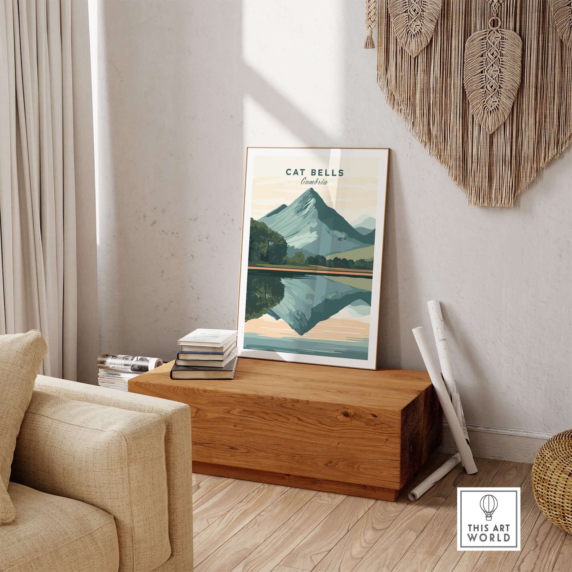 Cat Bells Print Lake District displayed in a stylish interior, showcasing the stunning landscape of the Lake District.
