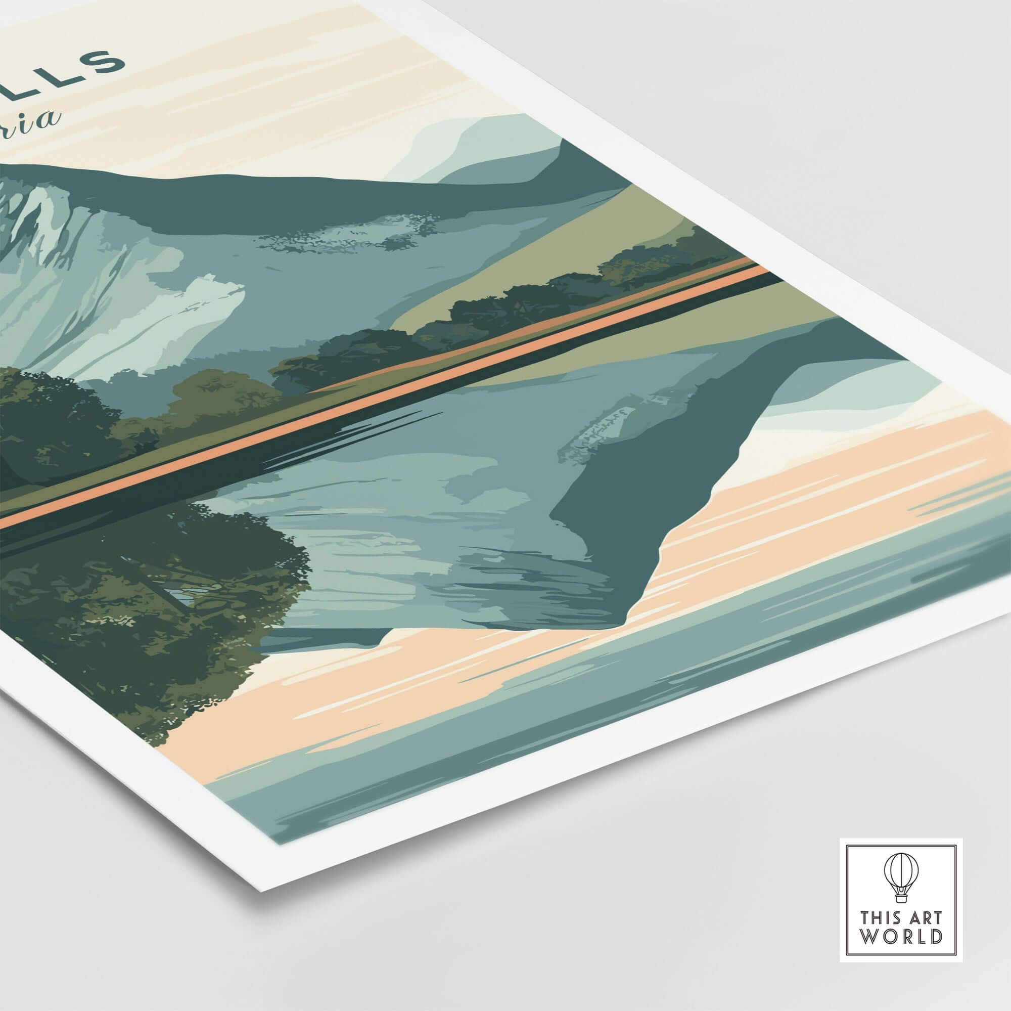 Cat Bells Print Lake District showcasing the iconic peak surrounded by serene nature and pastel colors.