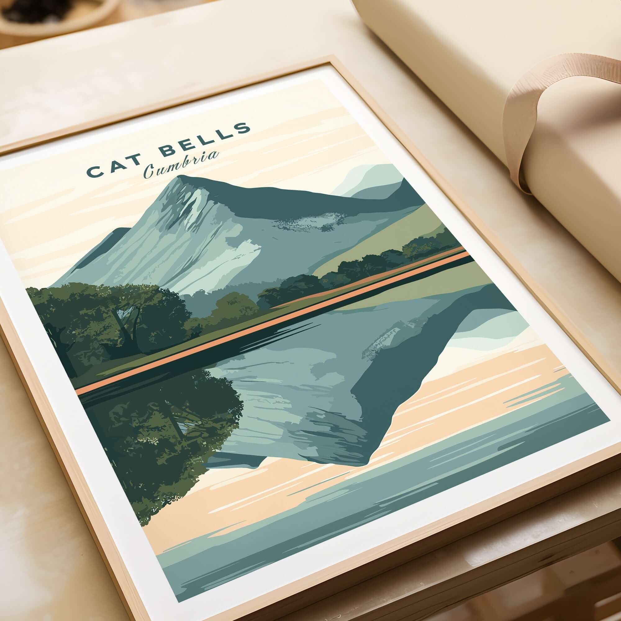 Cat Bells Print Lake District artwork featuring Cat Bells peak and reflection, perfect for home decor.