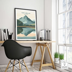 Cat Bells Print Lake District showcased in a modern home office, featuring iconic mountain and lake reflection.