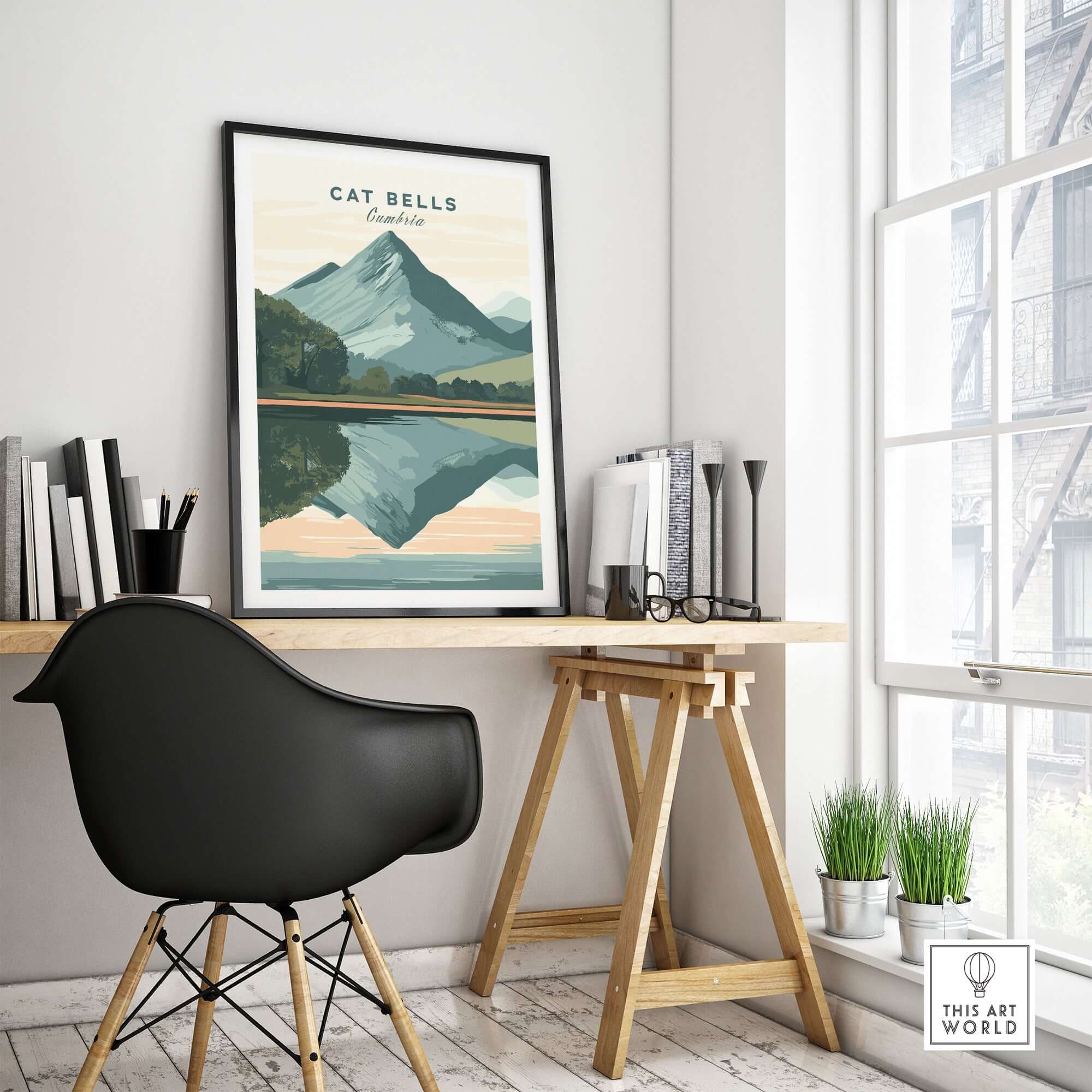 Cat Bells Print Lake District showcased in a modern home office, featuring iconic mountain and lake reflection.