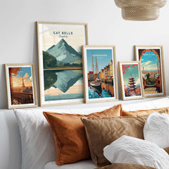 Cat Bells Print Lake District featuring framed artwork on a cozy sofa display.