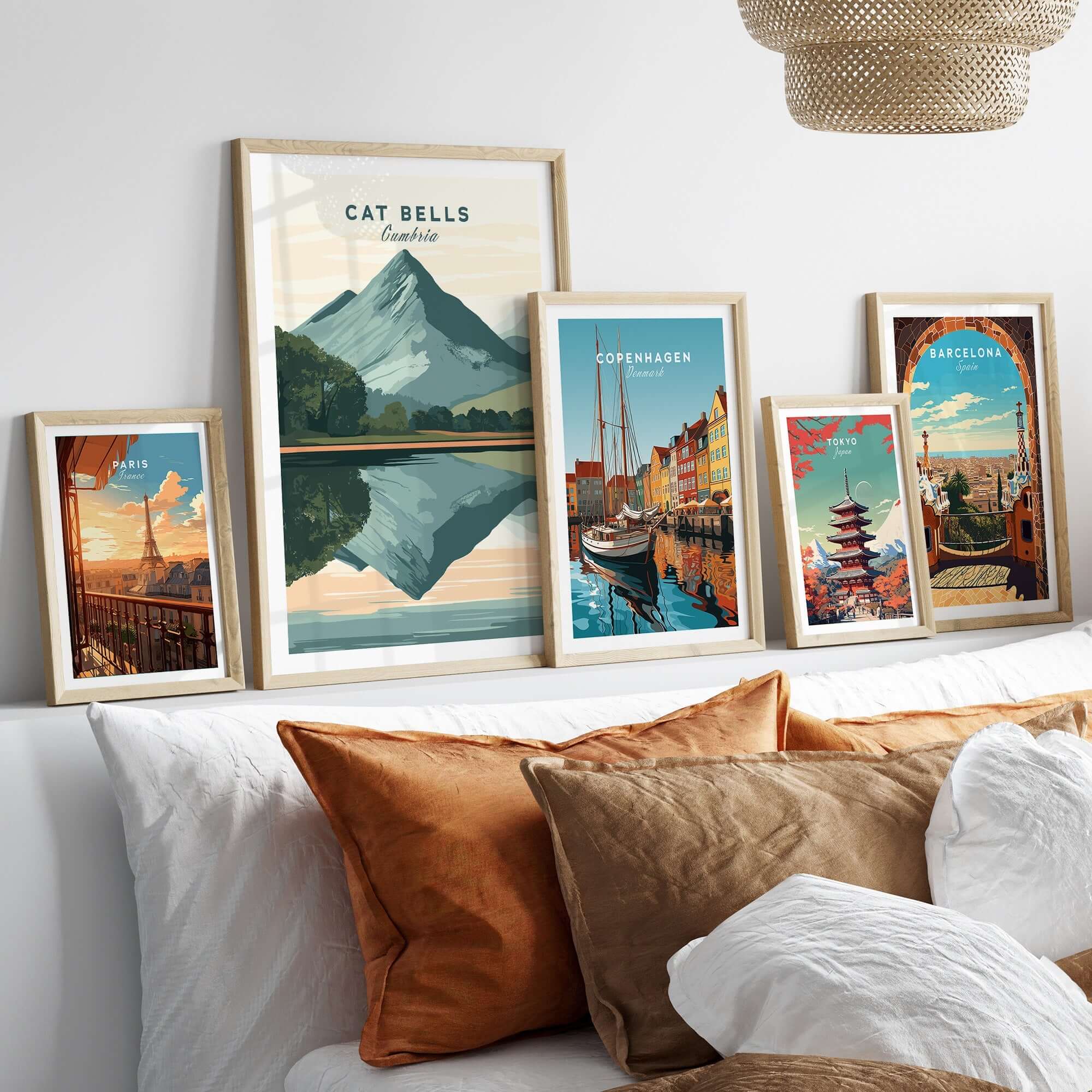 Cat Bells Print Lake District featuring framed artwork on a cozy sofa display.