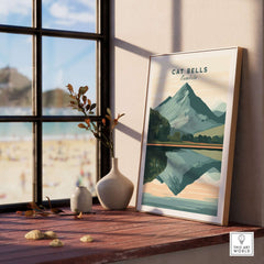 Cat Bells Print Lake District displayed in a sunny room showcasing the beautiful landscape and reflection.