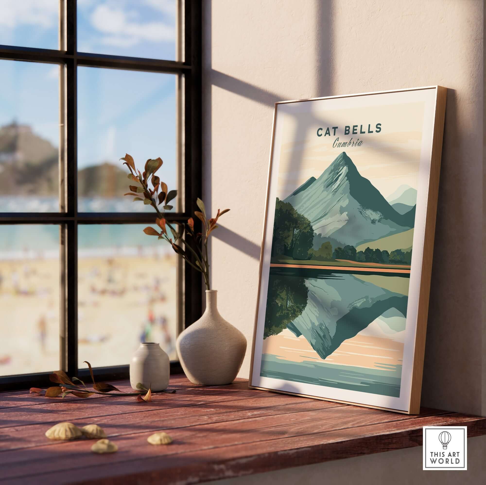 Cat Bells Print Lake District displayed in a sunny room showcasing the beautiful landscape and reflection.