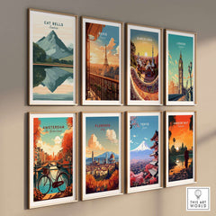 Cat Bells Print Lake District and various city posters framed on a wall, showcasing stunning artwork.