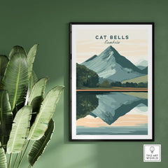 Cat Bells Print Lake District showcasing the iconic Cat Bells peak reflecting in water, perfect for nature lovers.