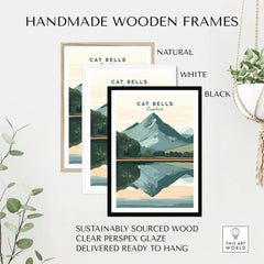 Handmade wooden frames in natural, white, and black for Cat Bells Print Lake District, showcasing sustainable materials.