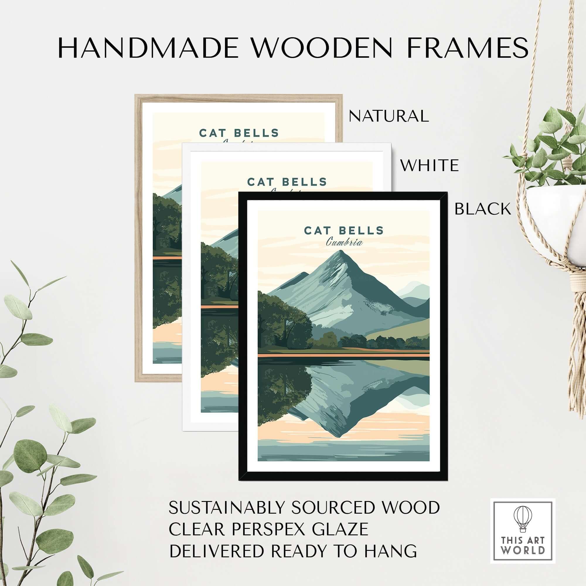 Handmade wooden frames in natural, white, and black for Cat Bells Print Lake District, showcasing sustainable materials.