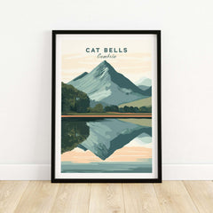 Cat Bells Print Lake District beautiful illustration of Cat Bells peak reflecting on the water.