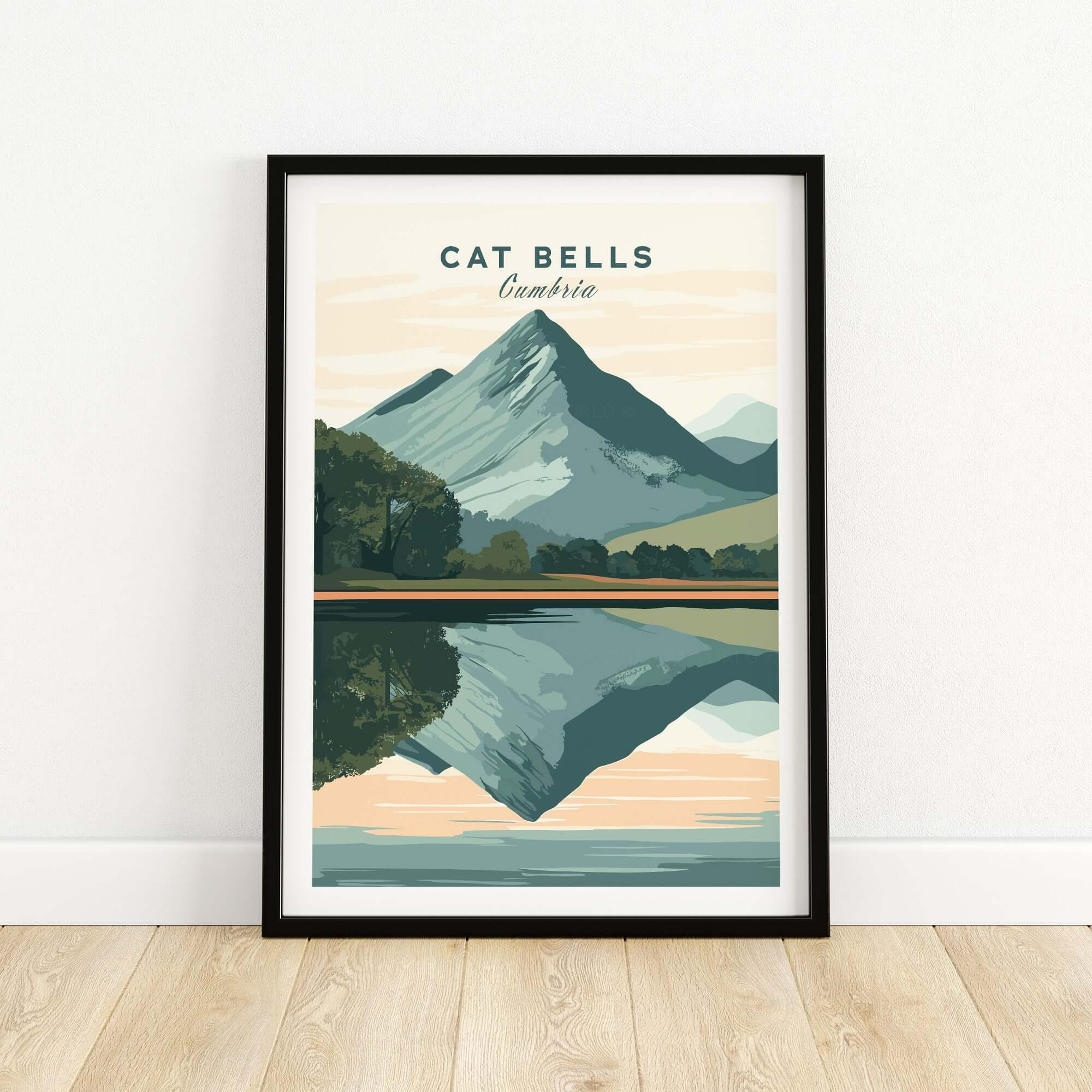 Cat Bells Print Lake District beautiful illustration of Cat Bells peak reflecting on the water.