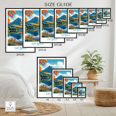 Cat Bells Travel Poster - Lake District in various sizes on display in a stylish room with a plant.