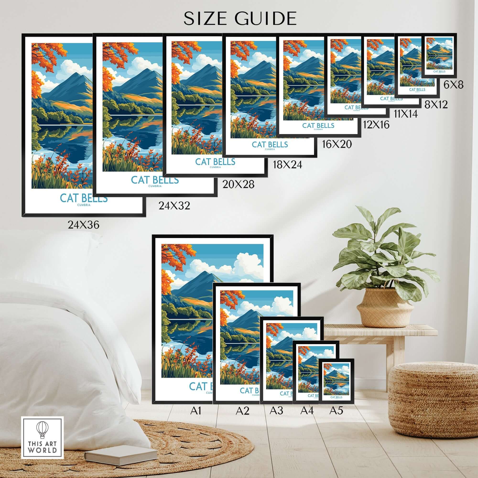 Cat Bells Travel Poster - Lake District in various sizes on display in a stylish room with a plant.