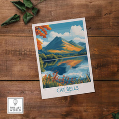 Cat Bells Travel Poster - Lake District depicting the iconic Cat Bells peak and scenic landscapes of Cumbria.