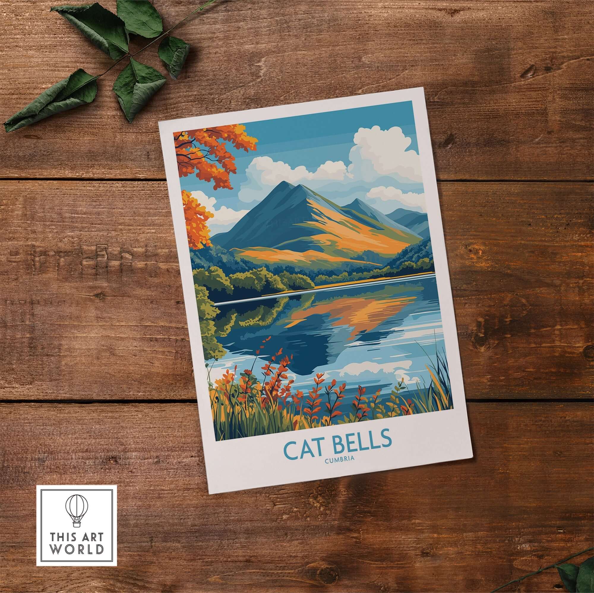 Cat Bells Travel Poster - Lake District depicting the iconic Cat Bells peak and scenic landscapes of Cumbria.