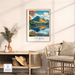 Cat Bells Travel Poster - Lake District depicted in a cozy home setting with nature-inspired decor.