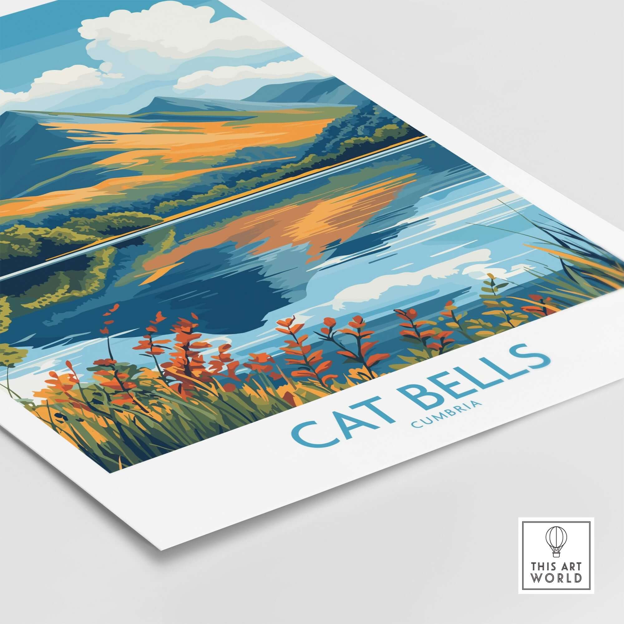 Cat Bells Travel Poster - Lake District showcasing the stunning landscape of Cumbria with vibrant colors and scenic views.