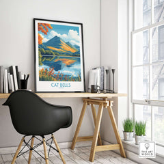 Cat Bells Travel Poster - Lake District displayed in a modern home office setting with mountain scenery.