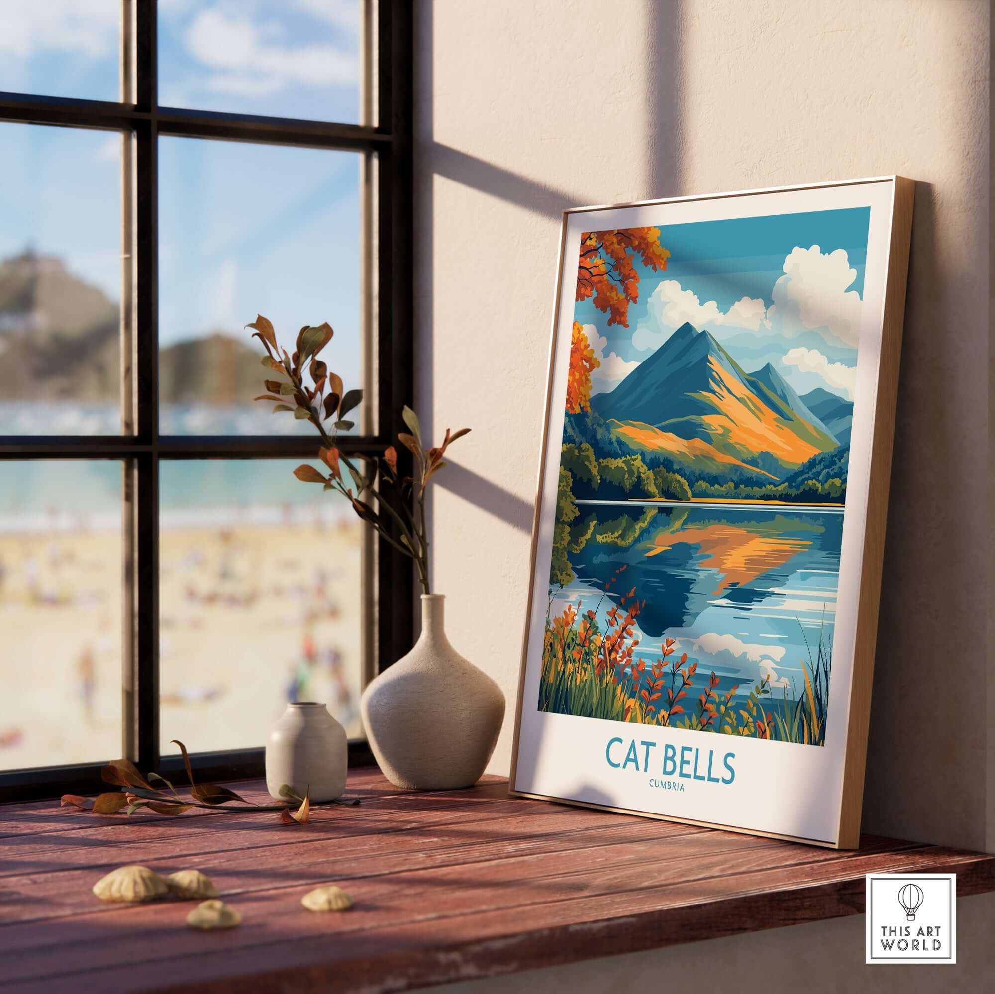 Cat Bells Travel Poster - Lake District showcasing stunning landscapes and iconic peak of Cumbria.