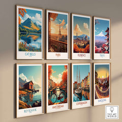 Cat Bells Travel Poster - Lake District among other city travel posters on a wall, showcasing stunning landscape art.