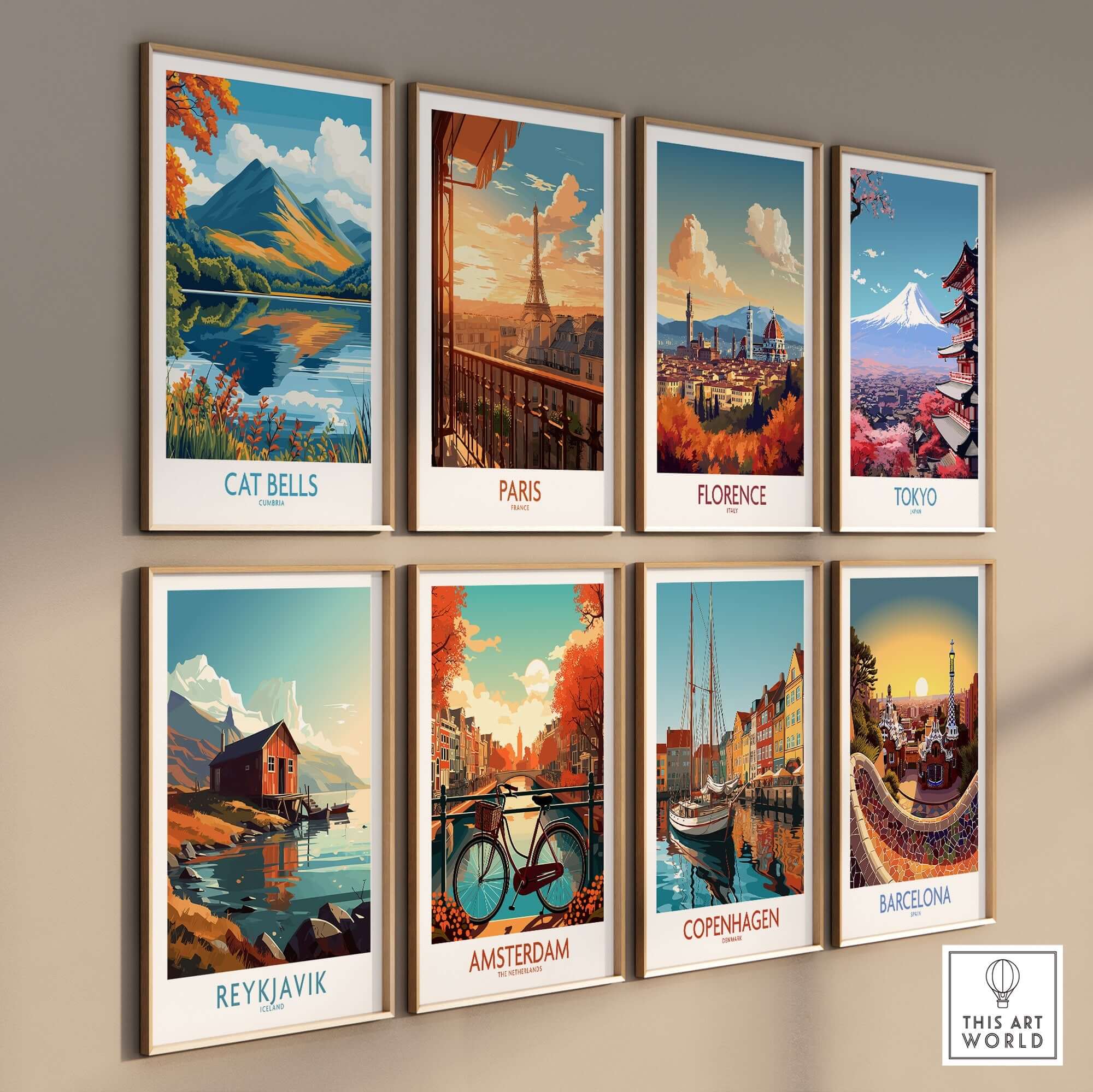 Cat Bells Travel Poster - Lake District among other city travel posters on a wall, showcasing stunning landscape art.