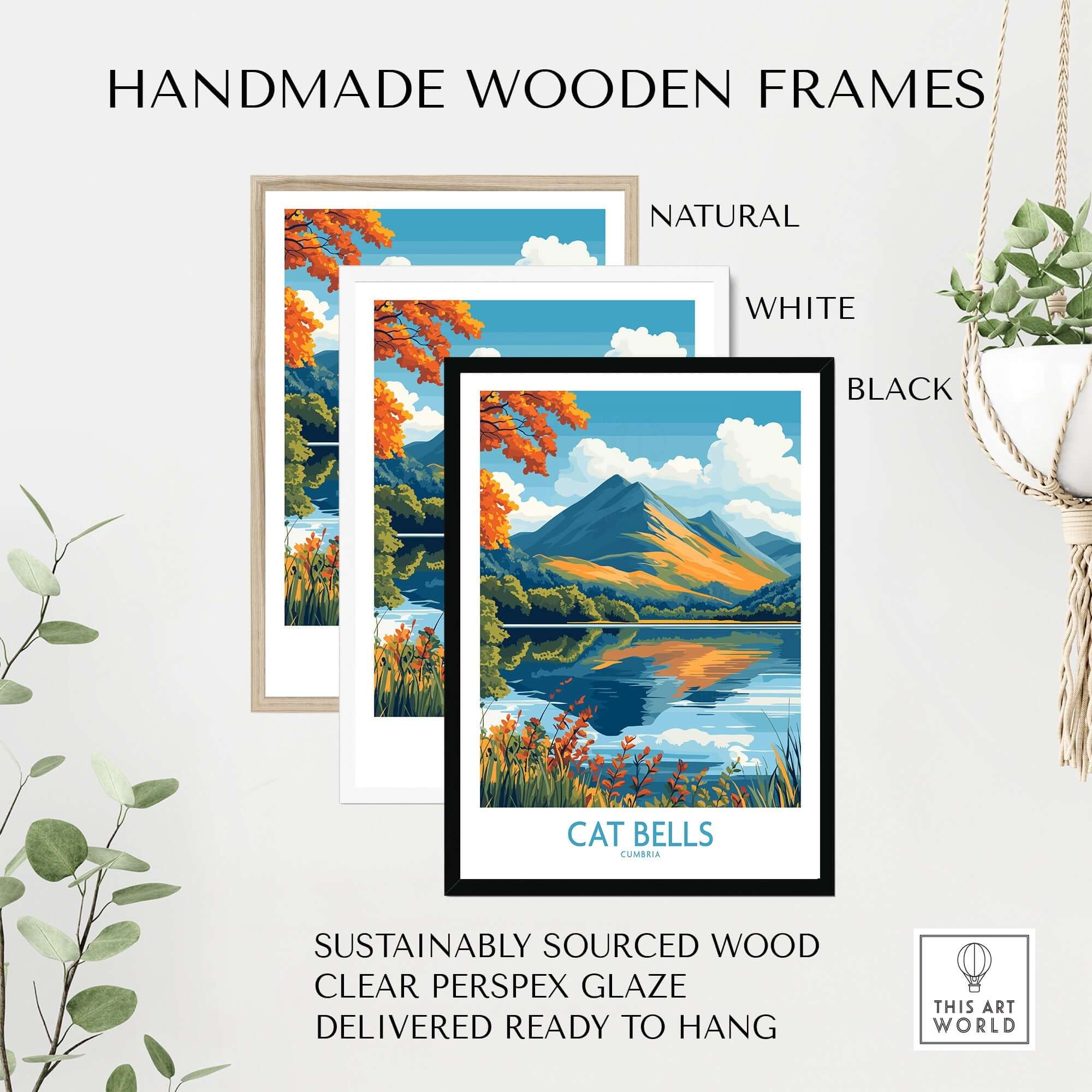 Cat Bells Travel Poster - Lake District framed in handmade wooden frames, featuring natural, white, and black options.