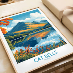 Cat Bells Travel Poster - Lake District showcasing stunning landscapes of Cumbria with vibrant colors and reflections.
