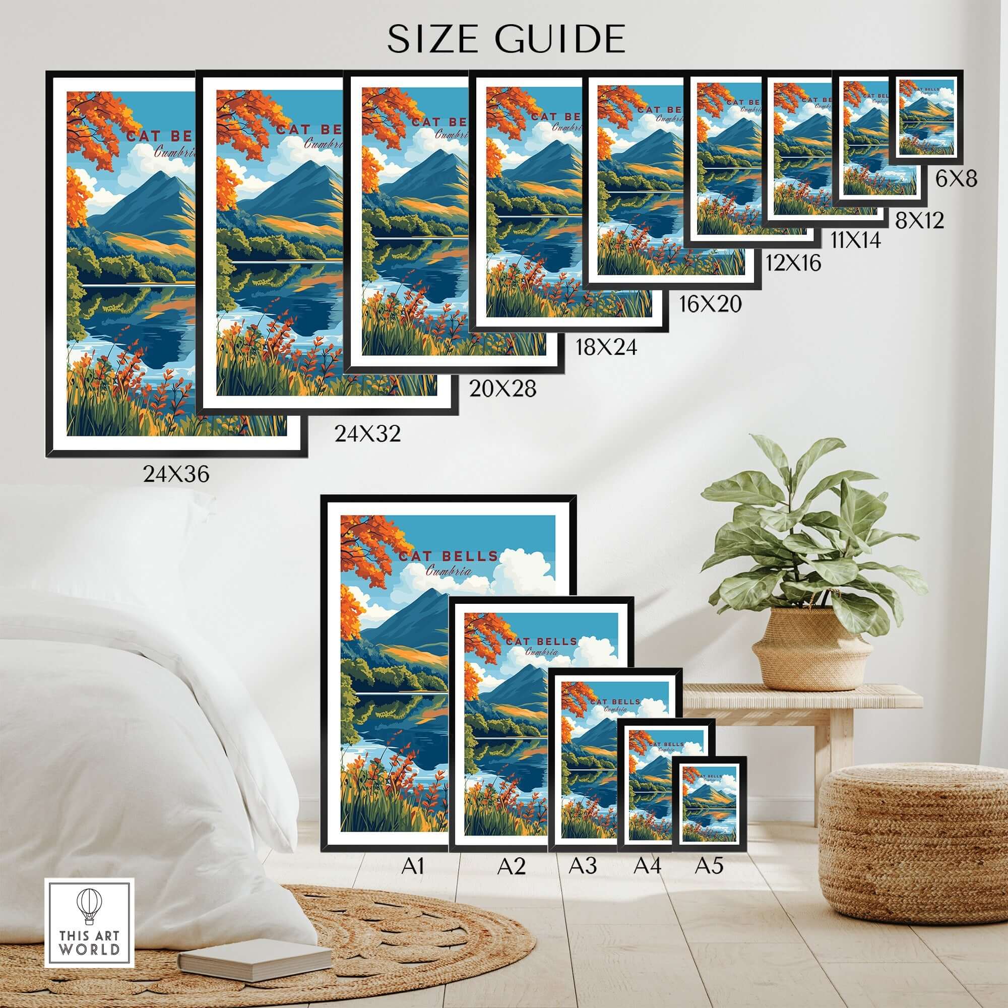 Cat Bells Travel Print - Lake District size guide showcasing various frame dimensions and designs.