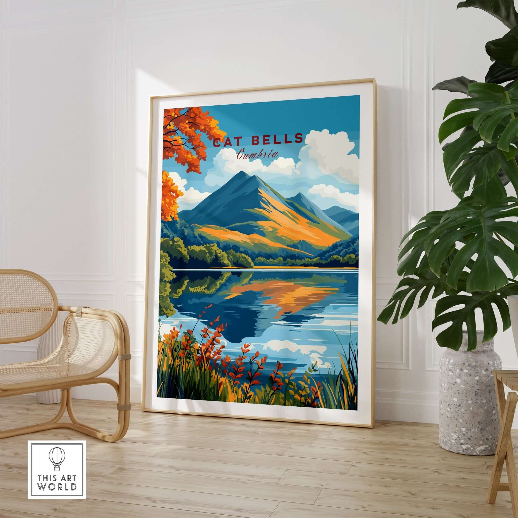 Cat Bells Travel Print - Lake District showcasing vibrant colors and detailed landscape of Lake District in a stylish home setting.